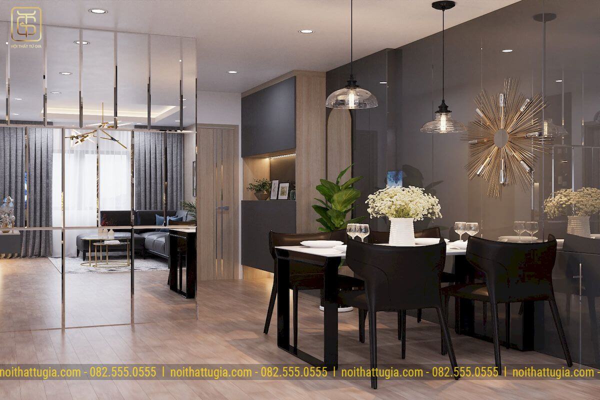 Thiết kế nội thất căn hộ chung cư 75m2 với bộ bàn ăn tinh tế, sang trọng