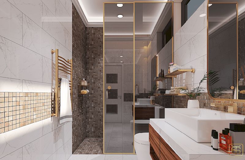 Phòng tắm ứng dụng gạch giả đá và gương