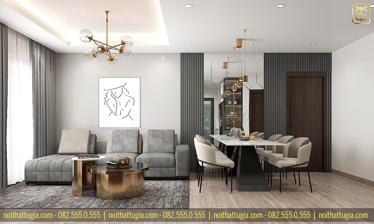 Thiết kế nội thất chung cư 72m2 với bộ sofa bằng nỉ kết hợp với bàn trà kim loại cao cấp
