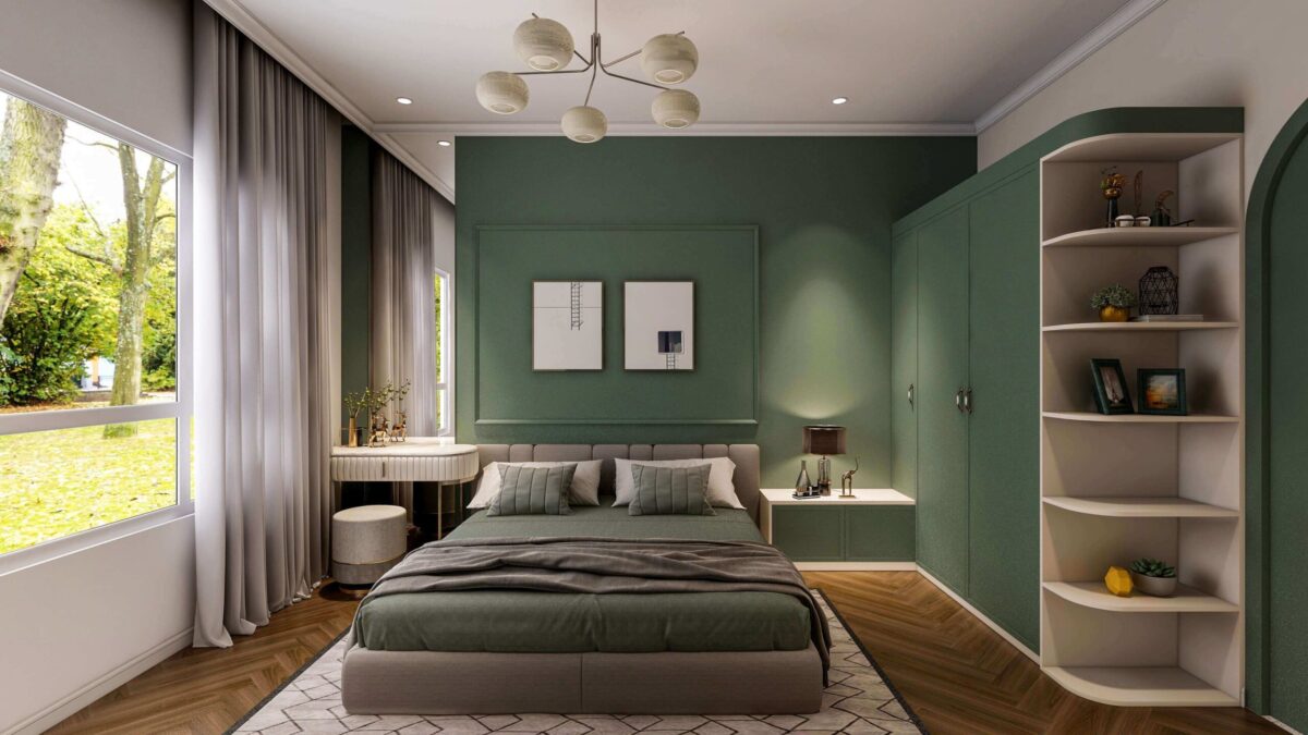Phòng ngủ được lựa chọn với tone màu xanh làm chủ đạo