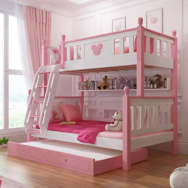 Phòng ngủ với chiếc giường tầng màu hồng đầy nữ tính