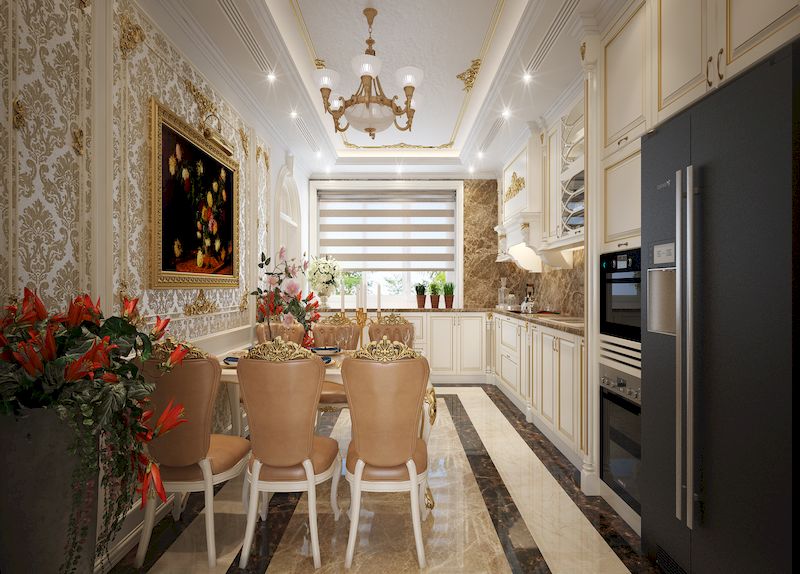 Thiết kế biệt thự Pháp với nội thất phòng bếp ân tượng đặc trung của sự lãng mạn