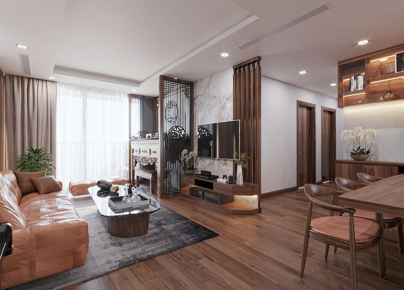 Mẫu thiết kế nội thất chung cư Linh Đàm căn hộ 100m2 gỗ óc chó cao cấp