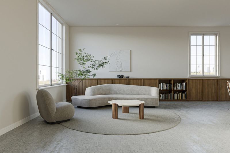 Phòng khách Mid-Century Modern với nội thất tối giản