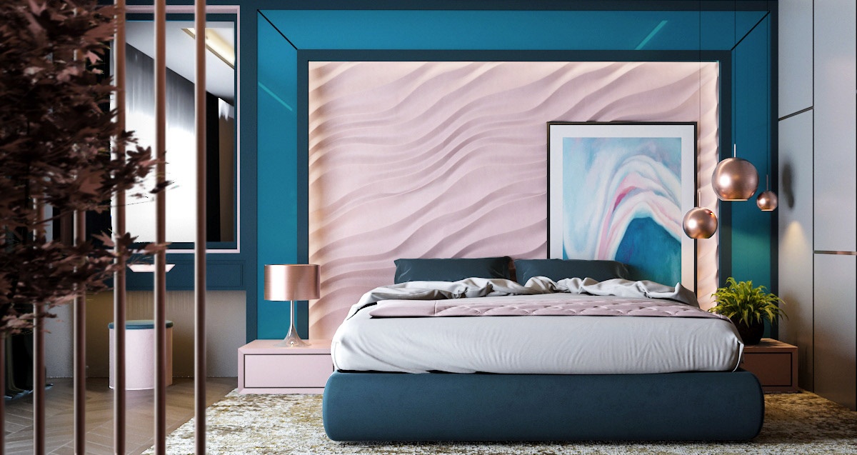 Mẫu phòng ngủ màu hồng cute kết hợp màu xanh năng động