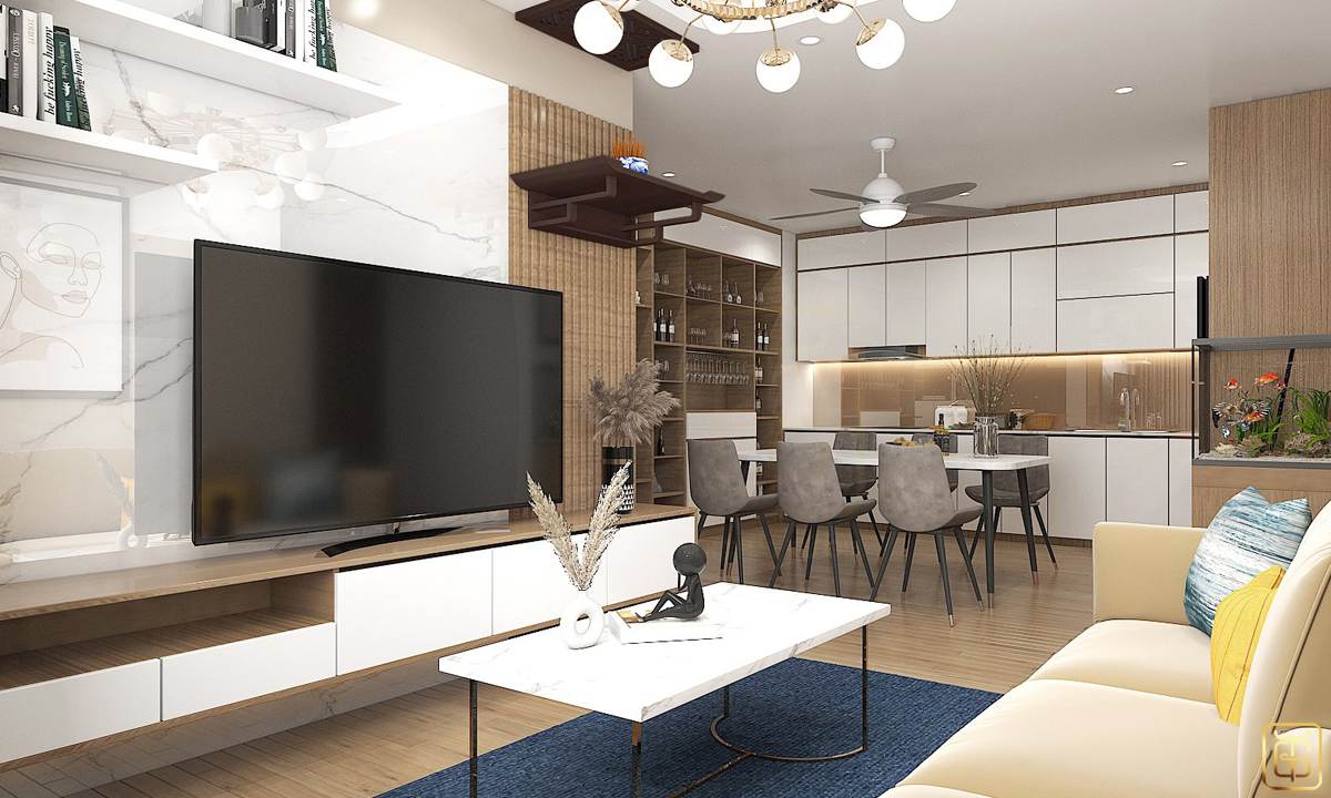 Thiết kế nội thất căn hộ chưng cư 74m2 nổi bật với không gian phòng khách trang trọng, tinh tế
