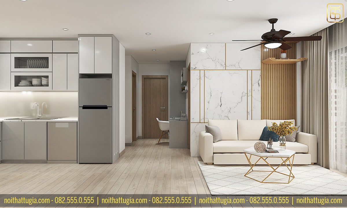 Thiết kế nội thất chung cư 72m2 với không gian phòng khách và bếp ăn được bố trí riêng biệt