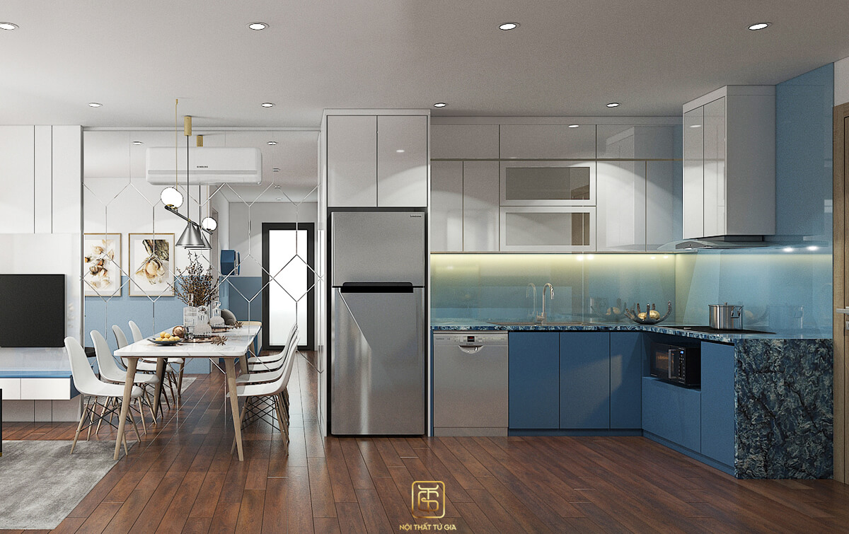 Thiết kế nội thất phòng bếp cho chung cư 74m2 tiện nghi, hài hòa 