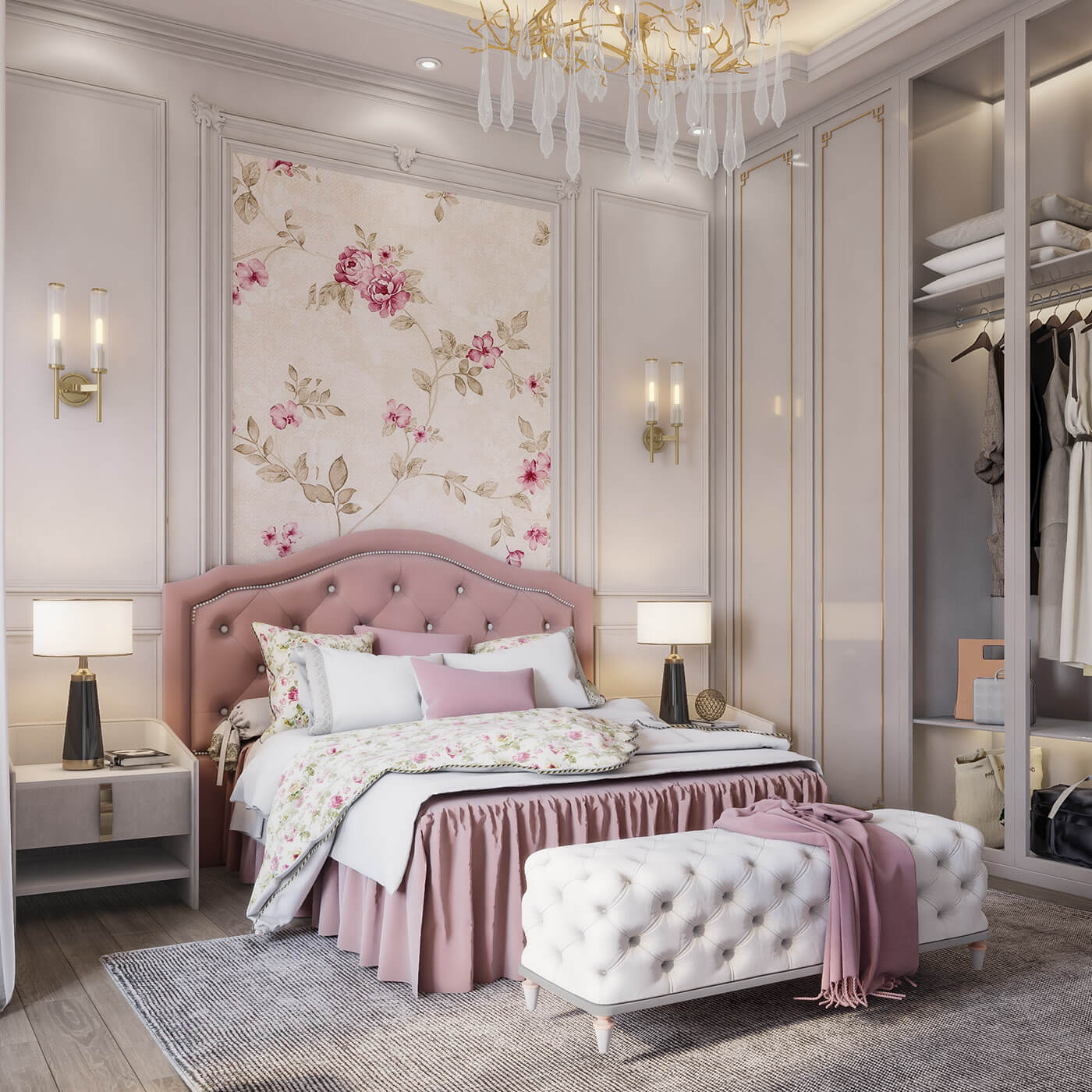 Mẫu thiết kế phòng ngủ màu hồng pastel phong cách tân cổ điển