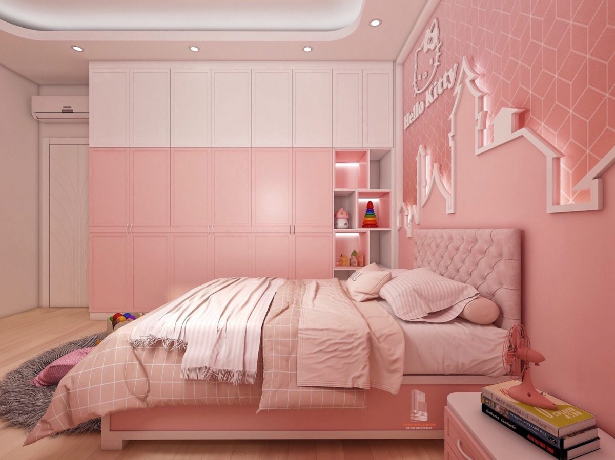 Mẫu phòng ngủ màu hồng với nhiều đồ nội thất cùng tông màu