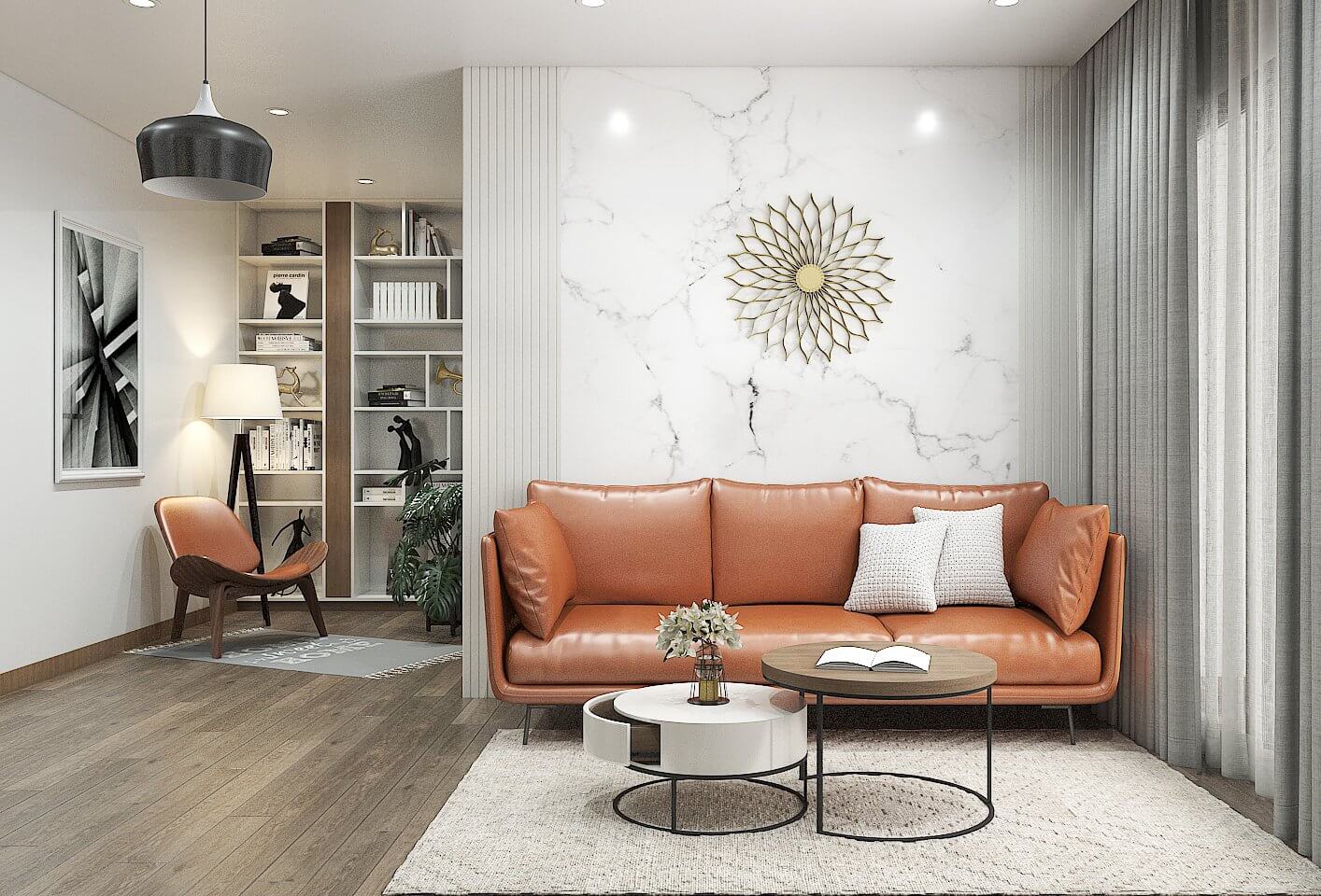Không gian phòng khách được bày trí với đồ nội thất đơn giản như ghế sofa và bàn trà nhưng vẫn không kém phần sang trọng