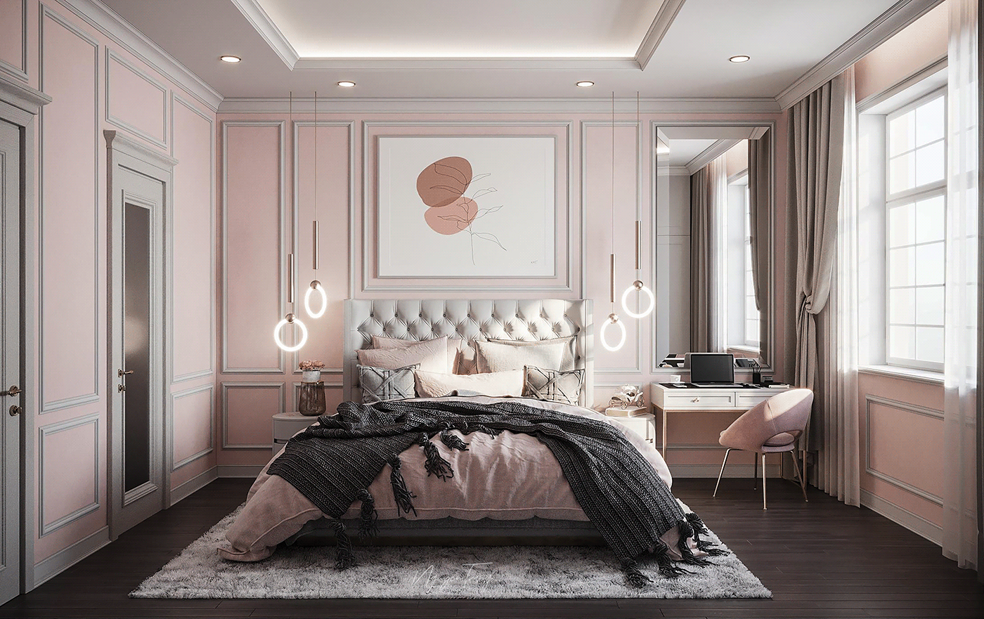 Mẫu phòng ngủ nền màu hồng nhạt kết hợp màu trắng