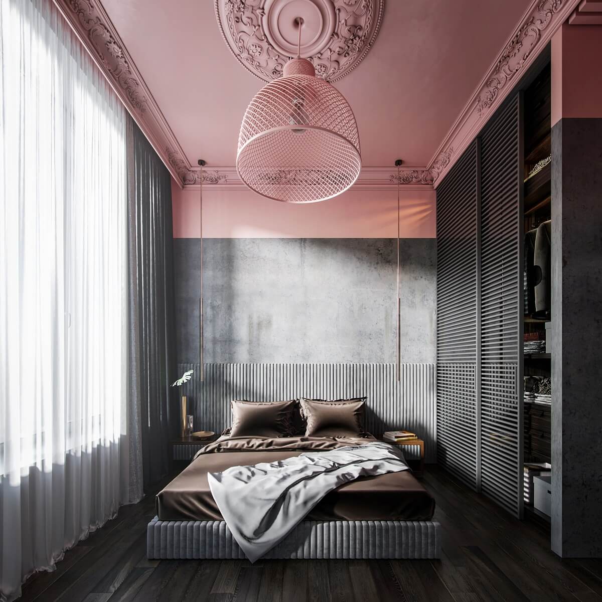 Mẫu phòng ngủ màu hồng xám cũng là sự lựa chọn thông minh tạo không gian hài hòa nổi bật