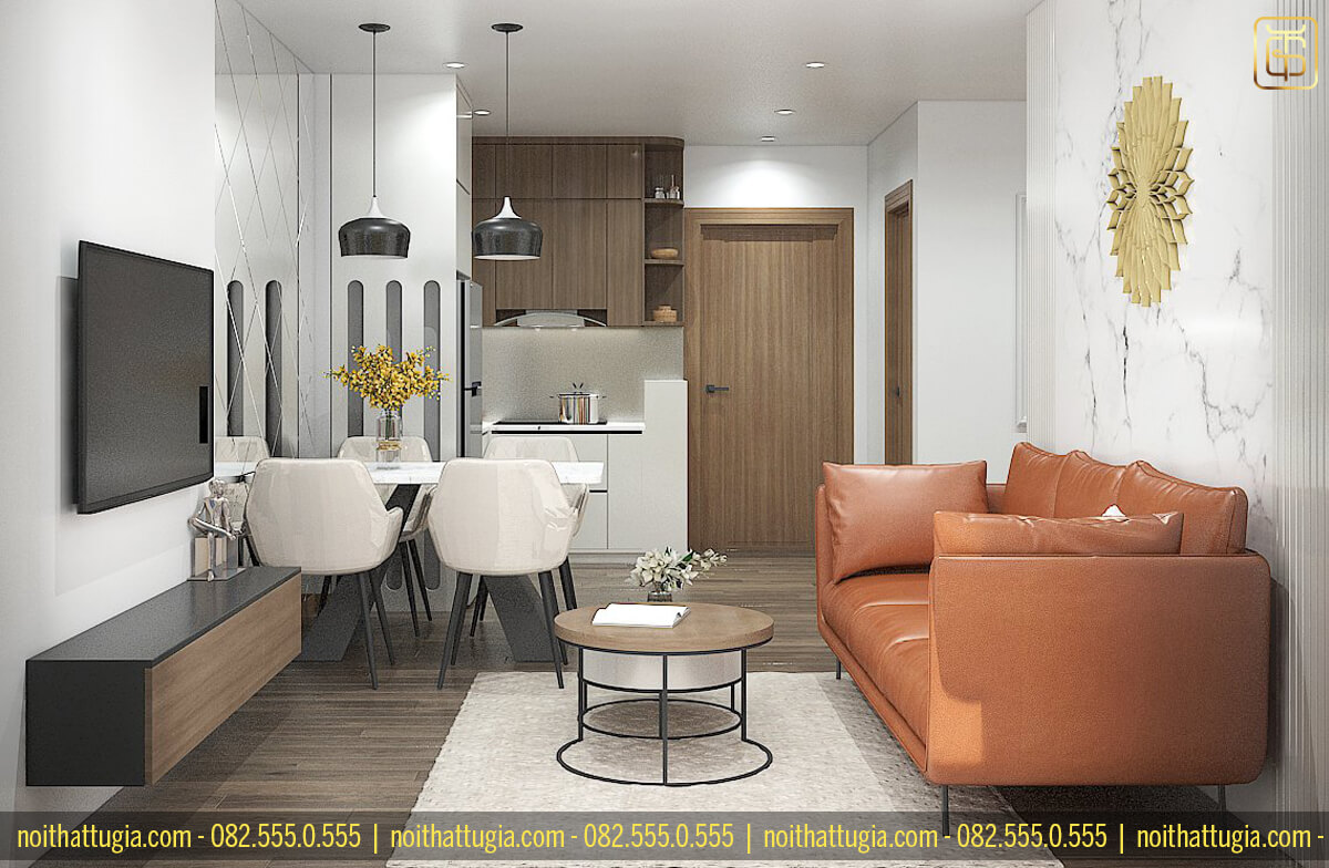 Thiết kế nội thất chung cư 65m2 với phòng khách liền kề phòng bếp giúp không gian trông rộng rãi và thoải mái hơn