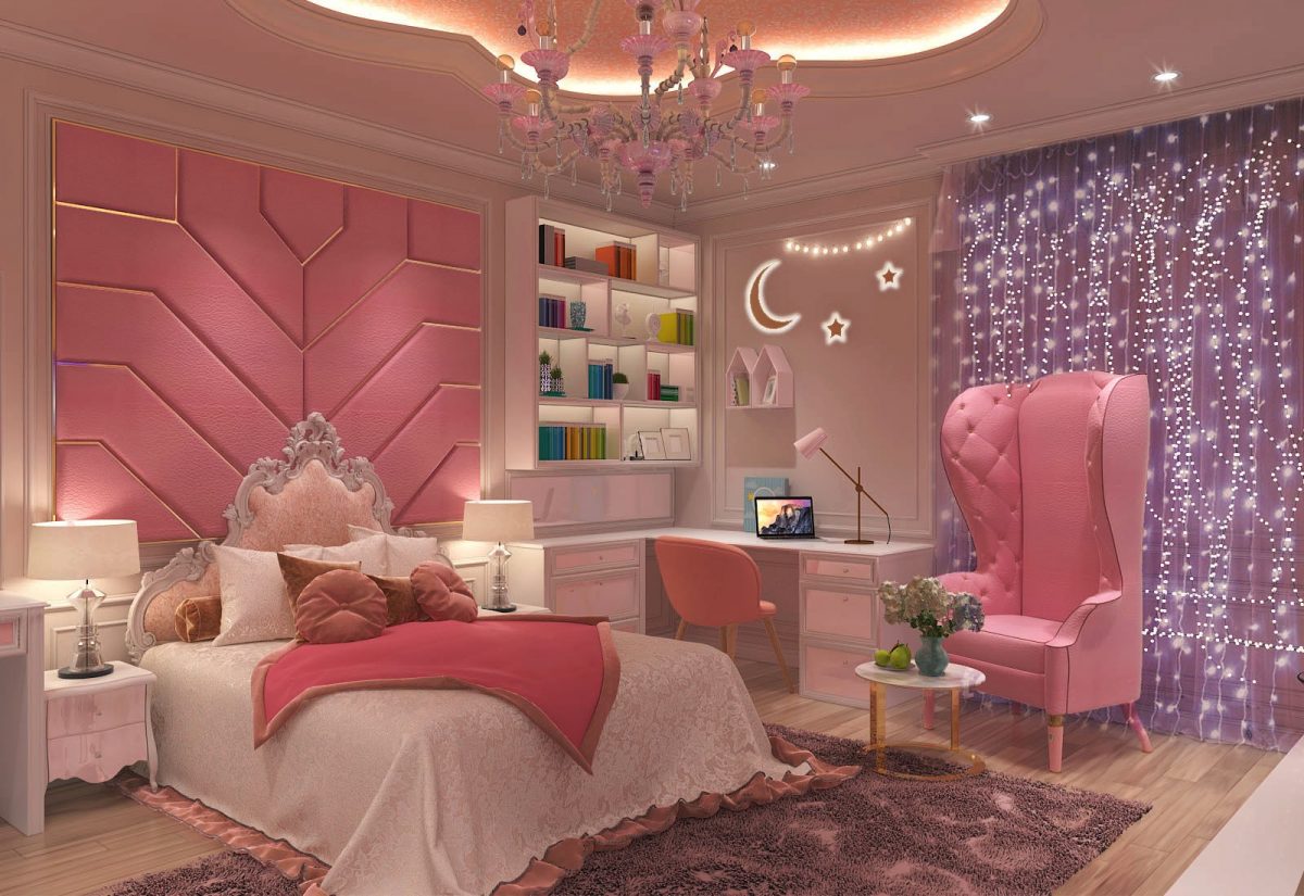 Mẫu thiết kế phòng ngủ hồng với vật liệu làm điểm nhấn