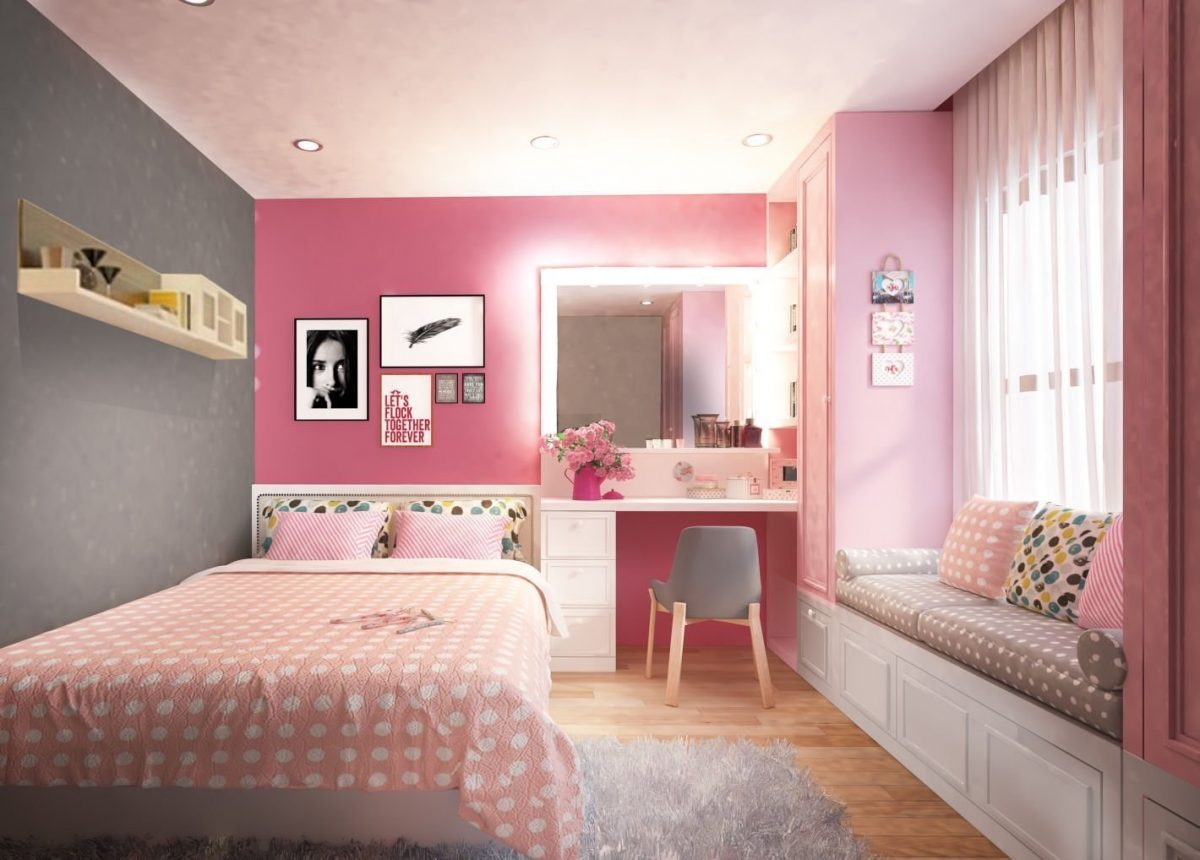 Mẫu thiết kế phòng ngủ hồng với vật liệu làm điểm nhấn