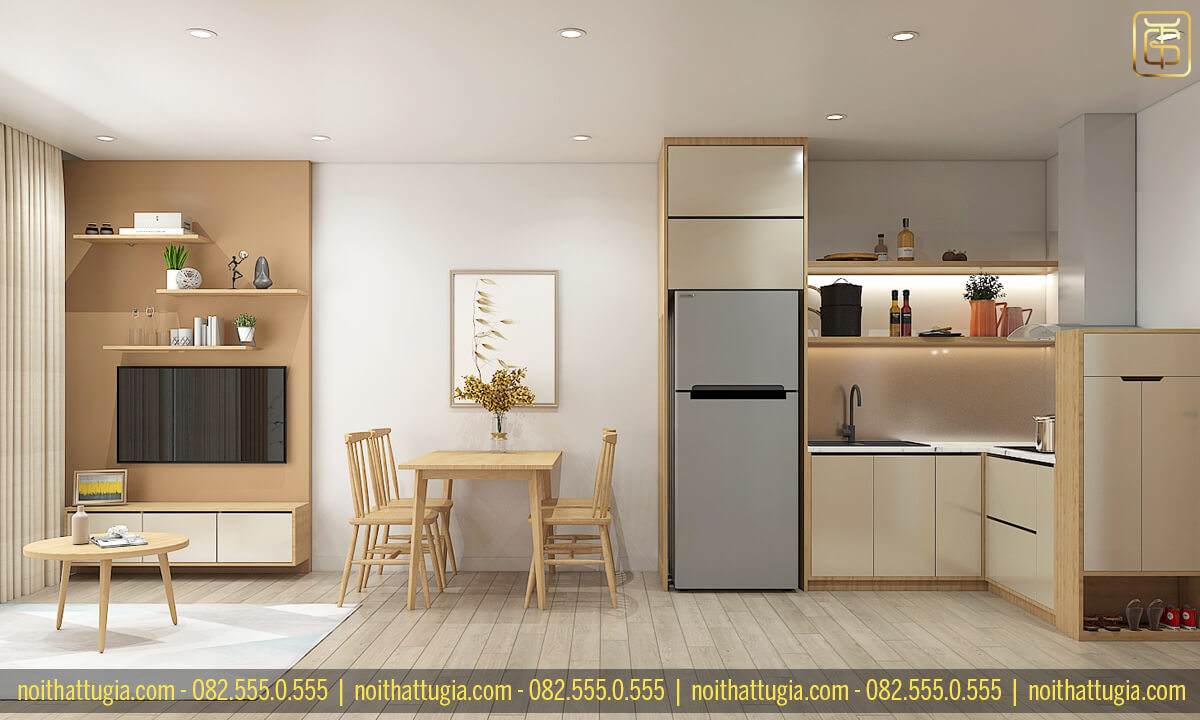 Thiết kế căn hộ 1 phòng ngủ với hệ thống tủ bếp hình chứ L nhỏ gọn giúp tận dụng tối đa công năng sử dụng