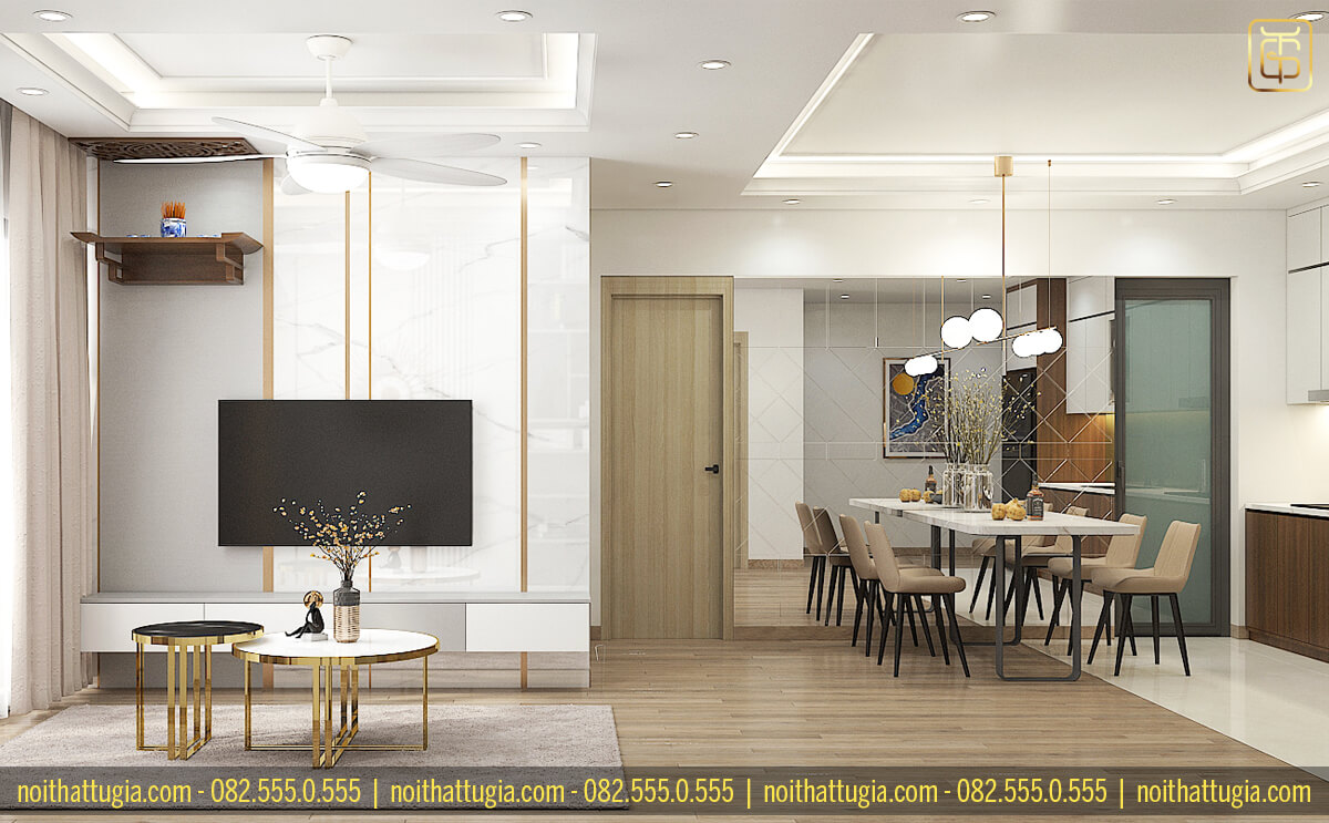 Thiết kế nội thất phòng khách chung 90m2 theo phong cách Bắc Âu vơi đồ nội thất nhẹ nhàng và thanh tao
