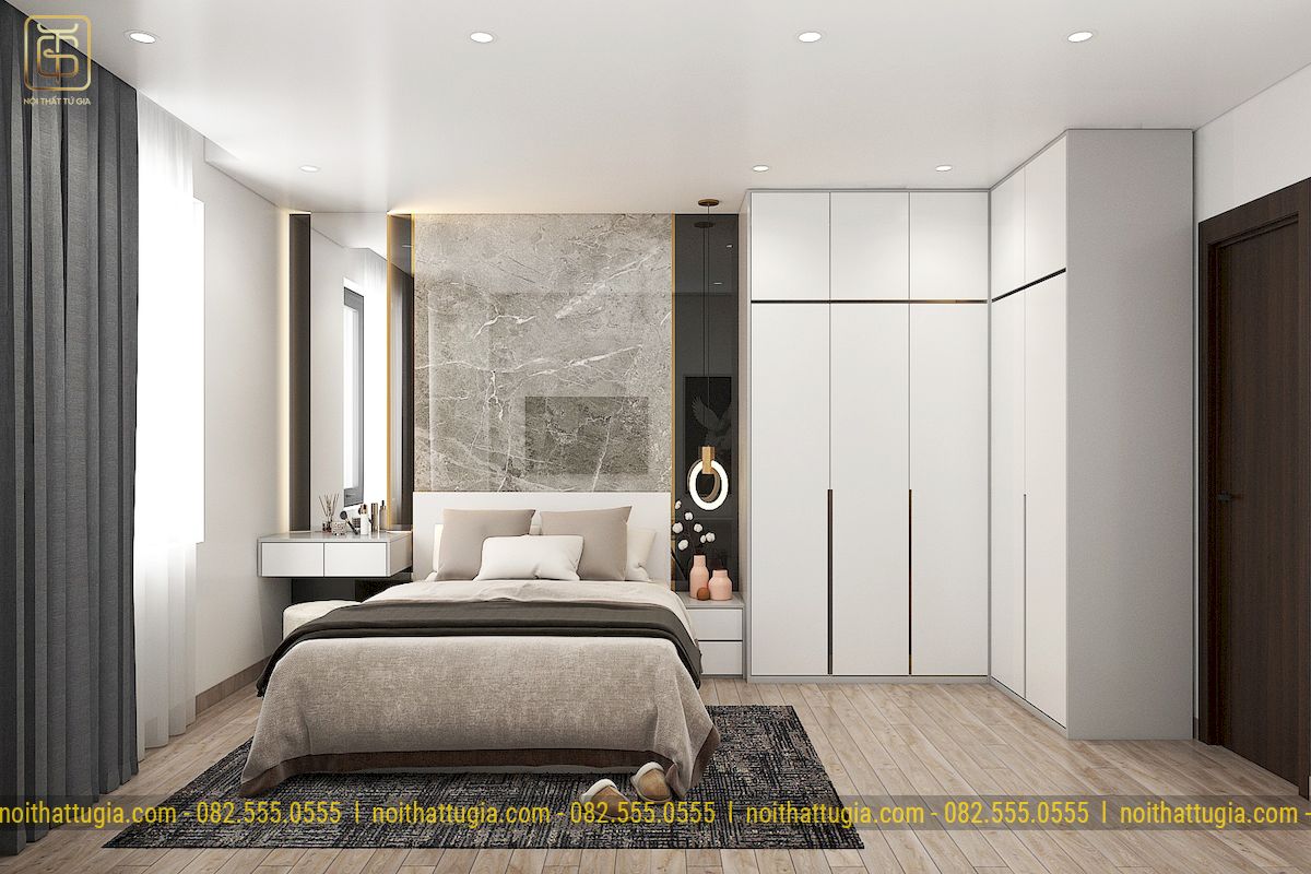 Thiết kế phòng ngủ có diện tích 19m2, đây là diện tích phù hợp với khá nhiều phong cách cách thiết kế khác nhau từ hiện đại đến cổ điển