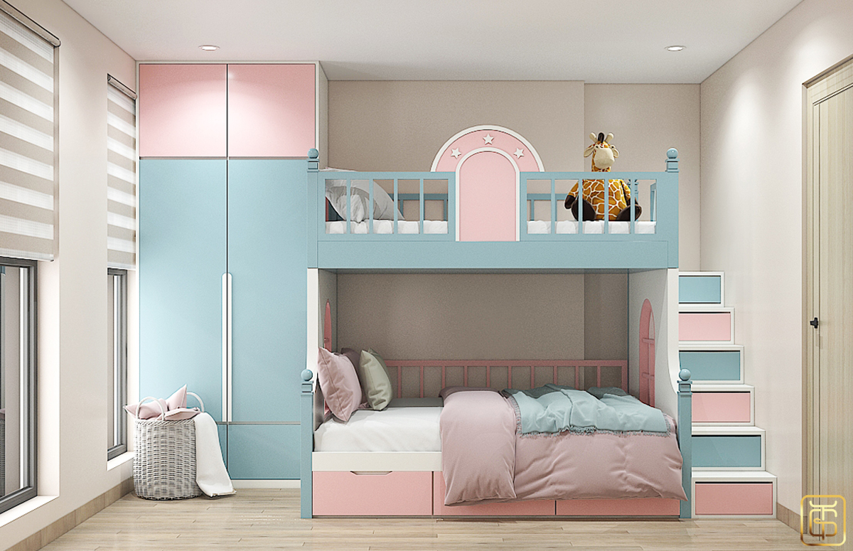 Mẫu phòng ngủ đẹp với 2 màu chủ đạo là hồng và xanh