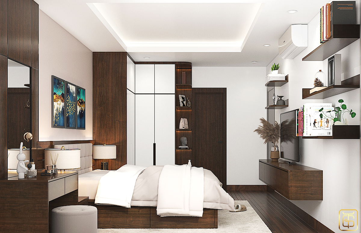 Thiết kế nội thất phòng ngủ diện tích 24m2 theo phong cách hiện đại với đồ nội thất được làm chủ yếu bằng gỗ công nghiệp MDF phủ melamin chống ẩm