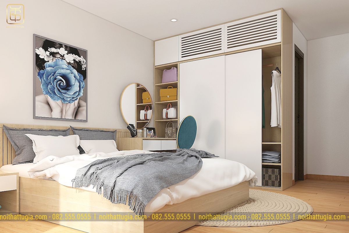 Thiết kế nội thất phòng ngủ với đồ nội thất thông minh kết hợp đồ decor nổi bật tạo điểm nhấn cho căn phòng