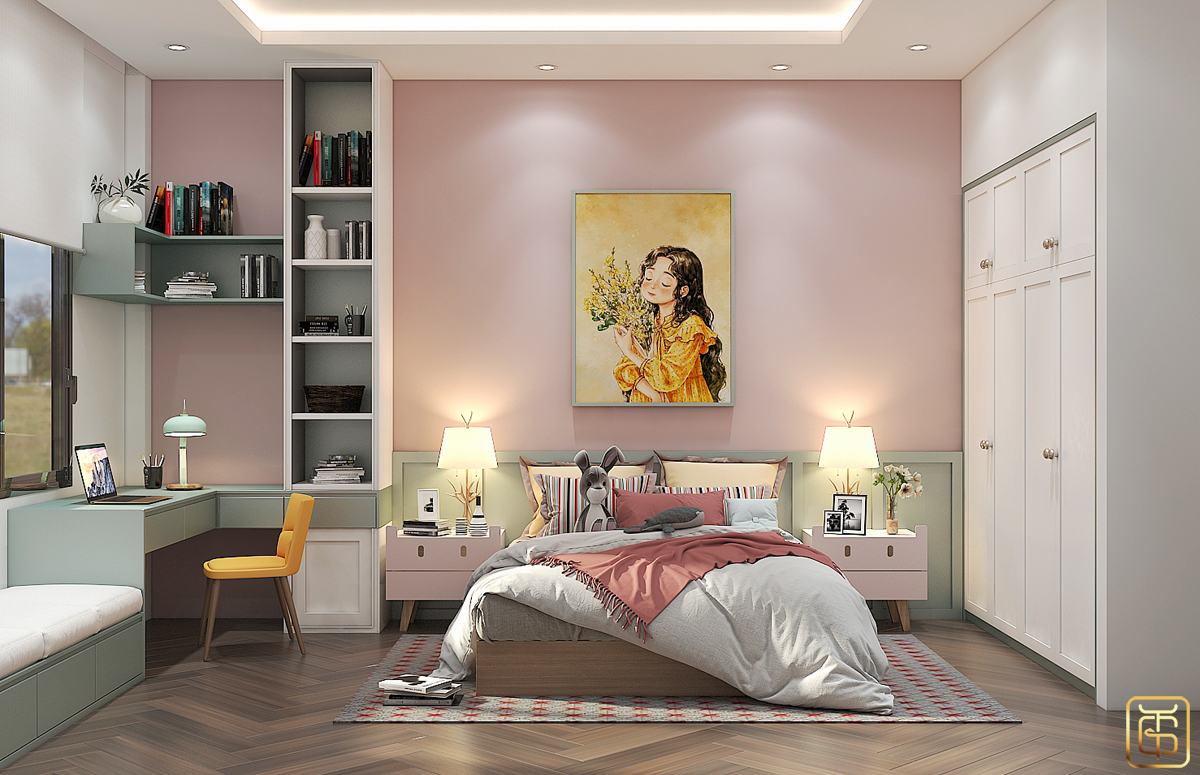 Thiết kế nội thất phòng ngủ theo phong cách hiện đại với đồ nội thất không quá cầu kì nhưng vẫn đẩm bảo đầy đủ công năng