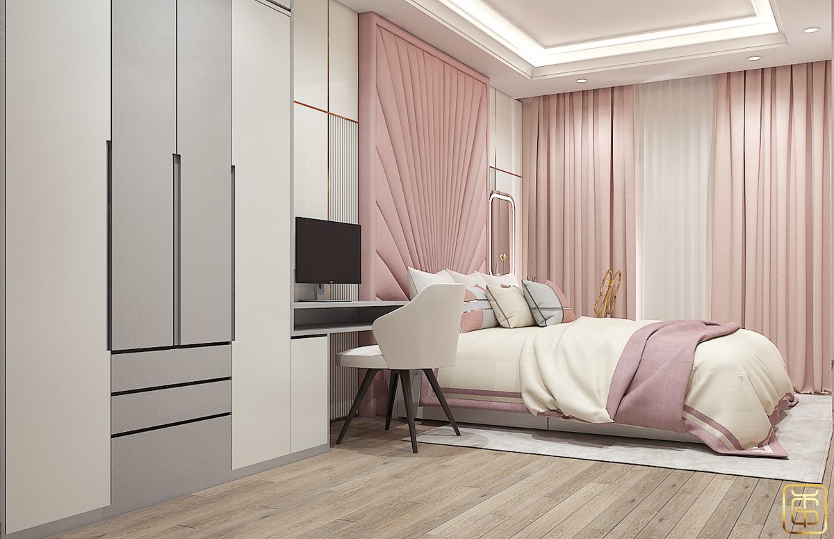 Thiết kế nội thất phòng ngủ đầy độc đáo với tông màu hồng chủ đạo kết hợp cùng đồ nội thất tinh gọn nhưng không kém phần sang trọng