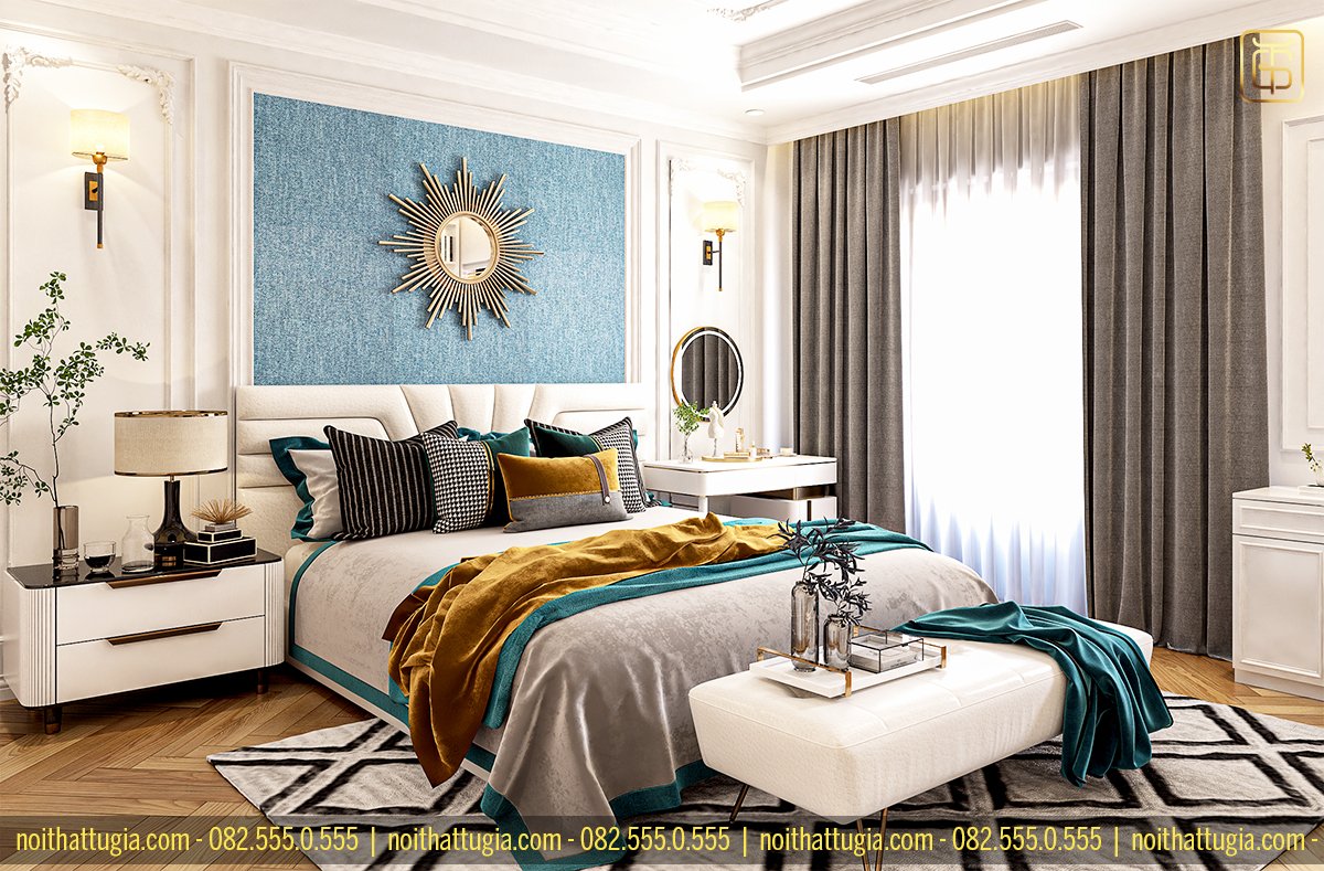 Thiết kế nội thất phòng ngủ theo phong cách tân cổ điển với các đồ nội thất được trang trí tỉ mỉ và cầu kì