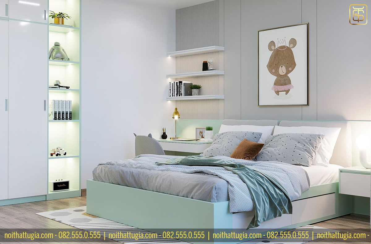Thiết kế phòng ngủ diện tích 14m2 cho bé gái phong cách hiện đại với tông màu chủ đạo là xanh ngọc