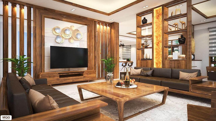 Kệ trang trí phòng khách bằng gỗ