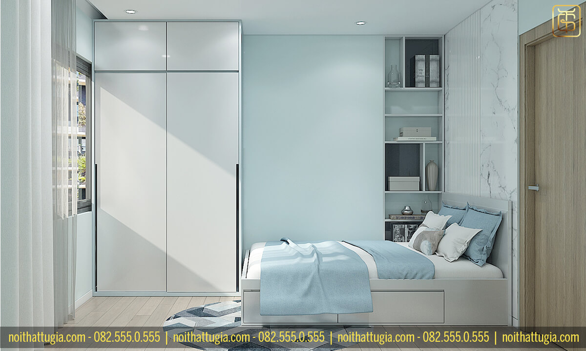 Thiết kế nội thất chung cư 55m2 với giường ngủ thông minh kèm tủ kéo hiện đại