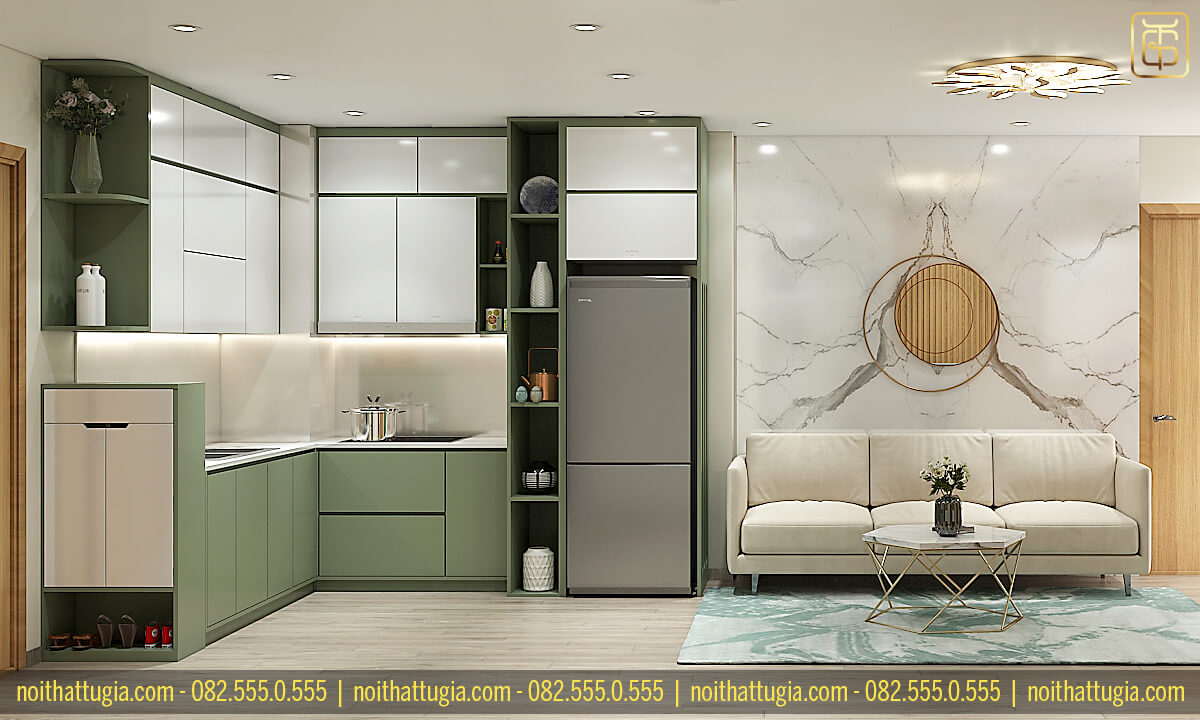 Thiết kế nội thất chung cư 55m2 với việc kết hợp tủ bếp và tủ để giày tiết kiệm diện tích cho căn nhà