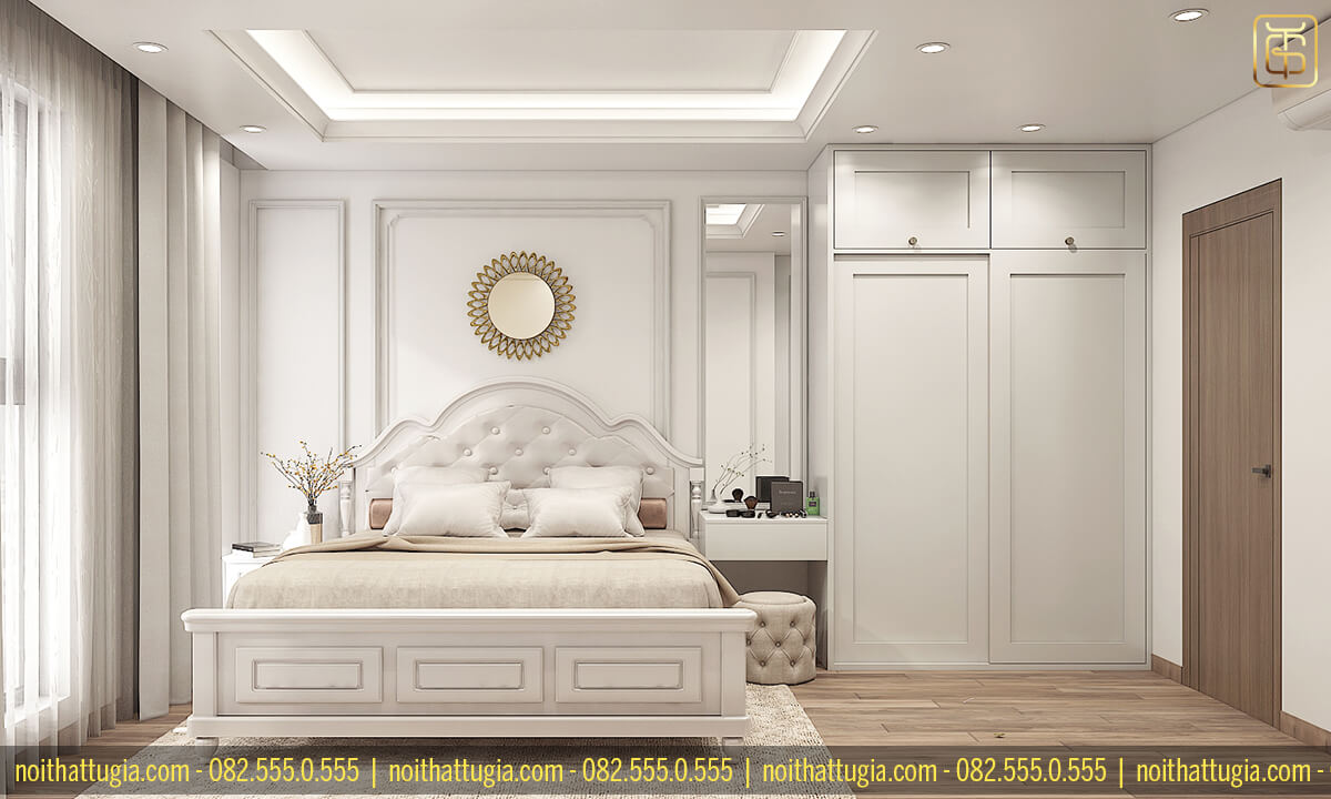 Không gian phòng ngủ chung cư được thiết kế theo phong các luxury sang trọng với tông màu trắng sữa