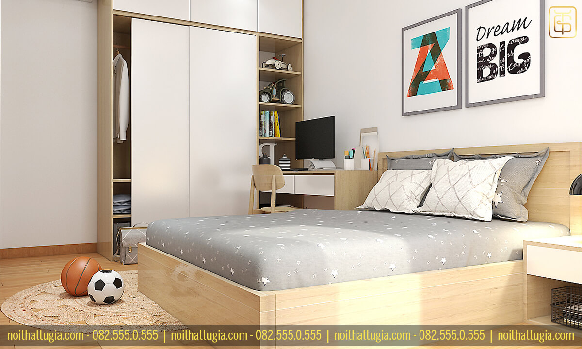 Không gian phòng ngủ chung cư theo phong cách tối giản với bàn làm việc đặt cạnh giường ngủ