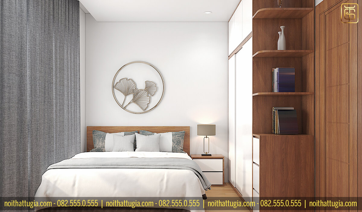 Không gian phòng ngủ master cho chung cư với đồ nội thất bằng gỗ công nghiệp cao cấp
