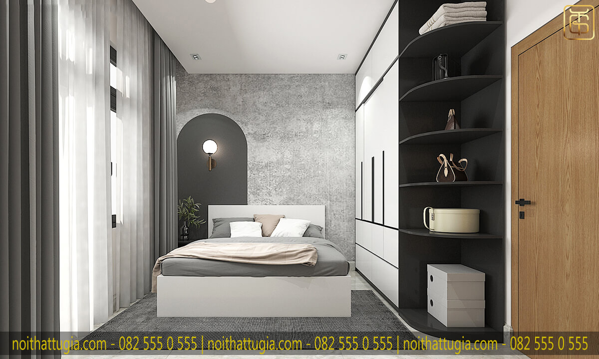 Phòng ngủ master được thiết kế theo phong cách tối giản với đồ nội thất không quá cầu kì nhưng vẫn đảm bảo đầy đủ công năng sử dụng