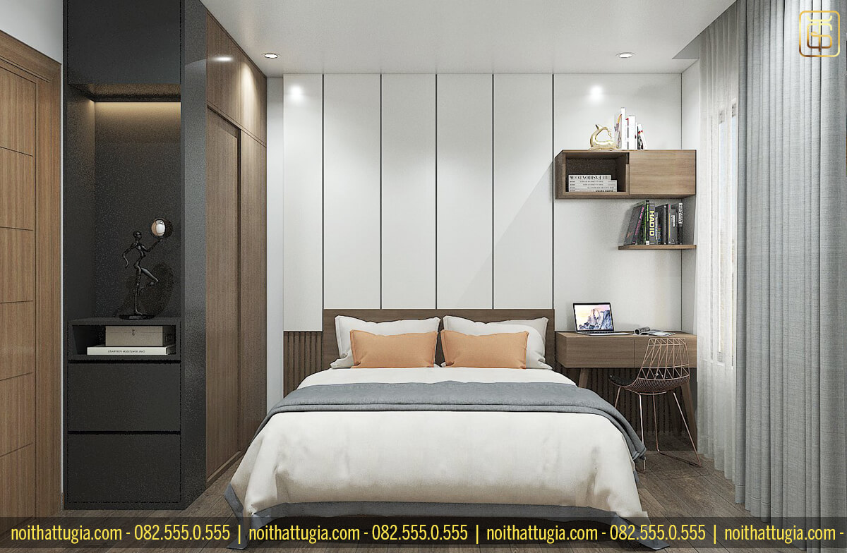 Phòng ngủ master được thiết kế với đầy đủ đồ nội thất như giường ngủ, tủ quần áo và bàn làm việc