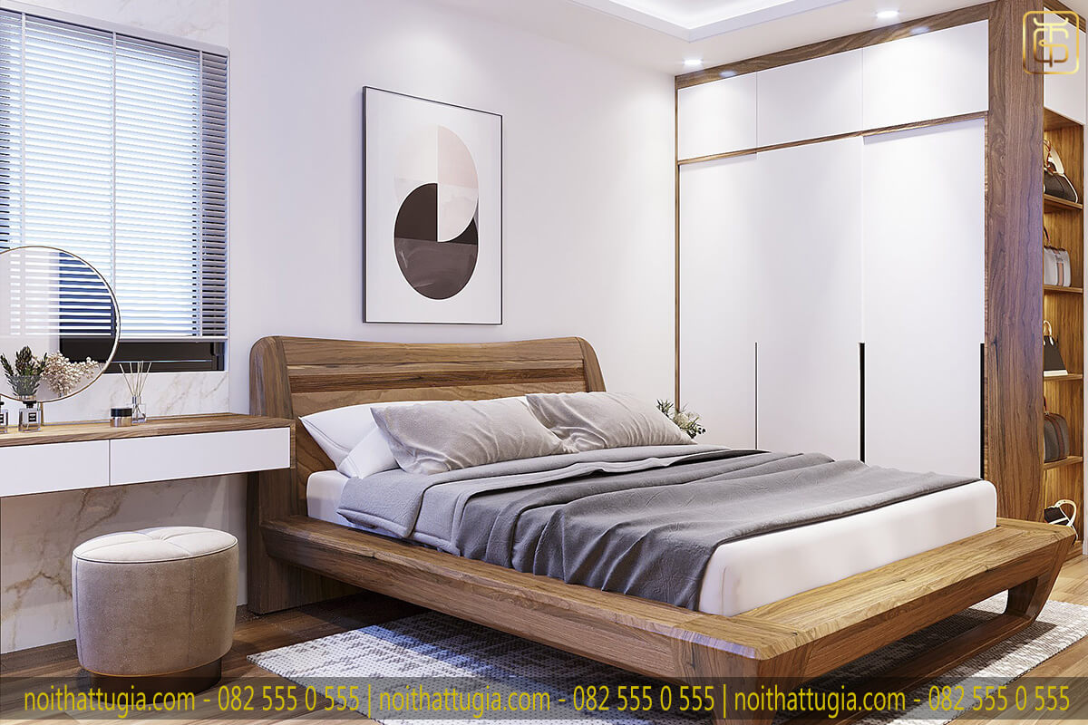 Thiết kế nội thất phòng ngủ master theo phong cách luxury sang trọng với các đồ nội thất được làm bằng gỗ sồi tự nhiên