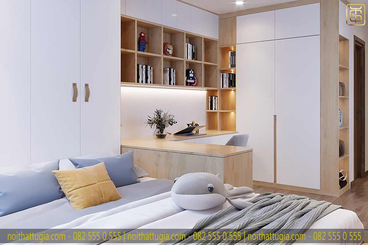 Thiết kế nội thất phòng ngủ theo phong cách hiện đại với tủ quần áo kịch trần và bàn làm việc kết hợp tủ để đồ