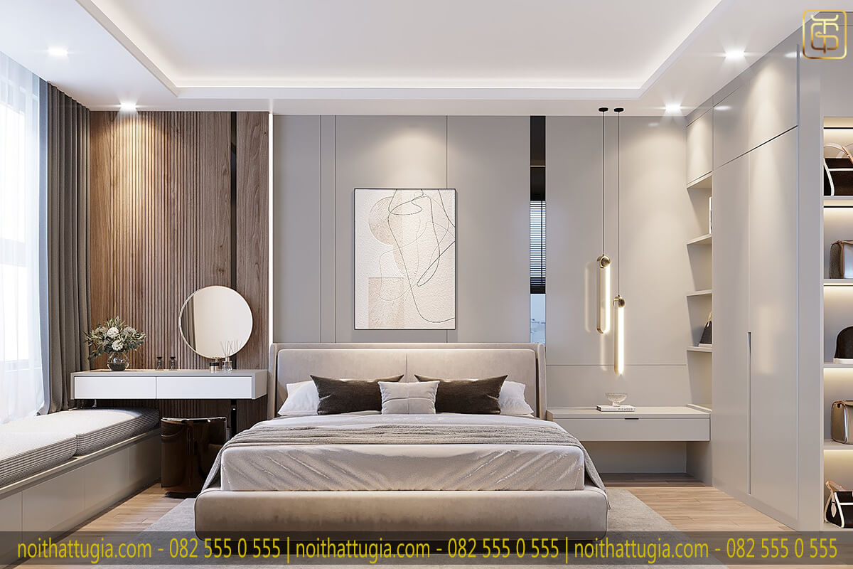 Thiết kế phòng ngủ master theo phong cách hiện đại với tủ quần áo bằng gỗ công nghiệp cao cấp