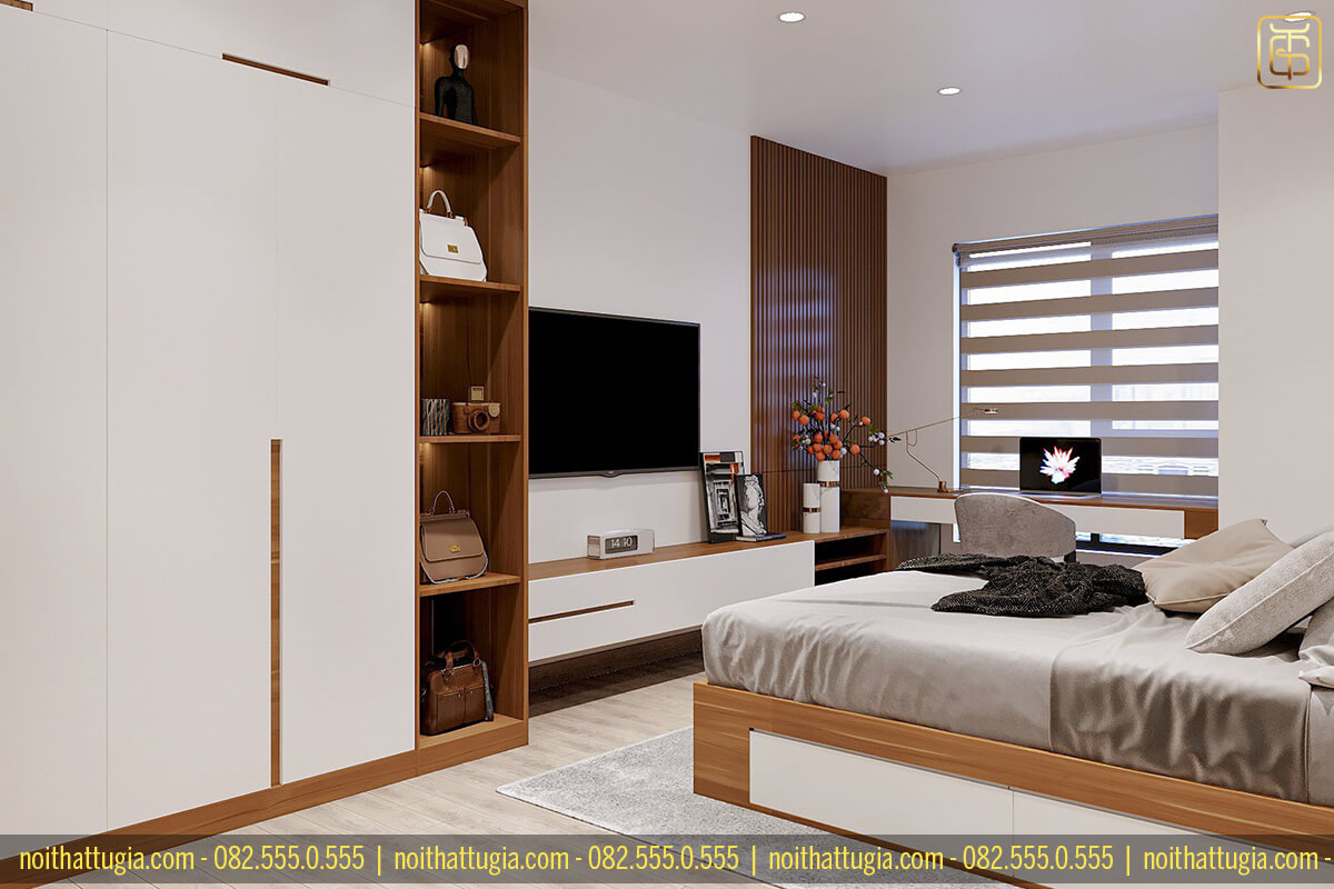 Thiết kế phòng ngủ master với kệ tivi kết hợp kệ để đồ giúp tăng diện tích lưu trữ