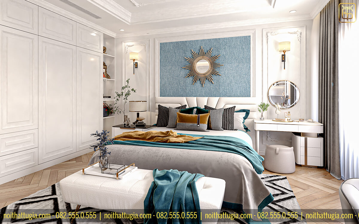 Tổng thể không gian phòng ngủ master được thiết kế theo phong cách tân cổ điển