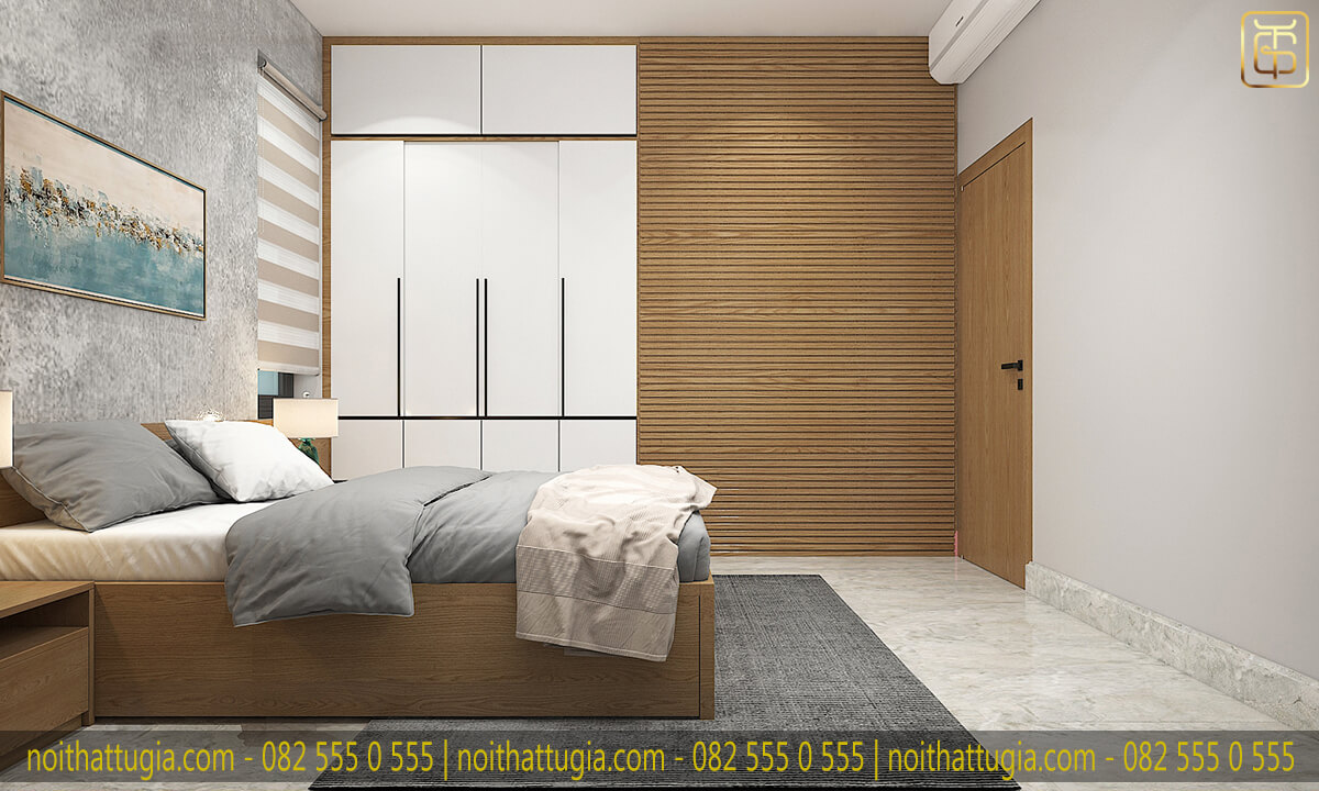 Việc ốp gỗ cho không gian phòng ngủ sẽ giúp không gian tránh được sự đơn điệu