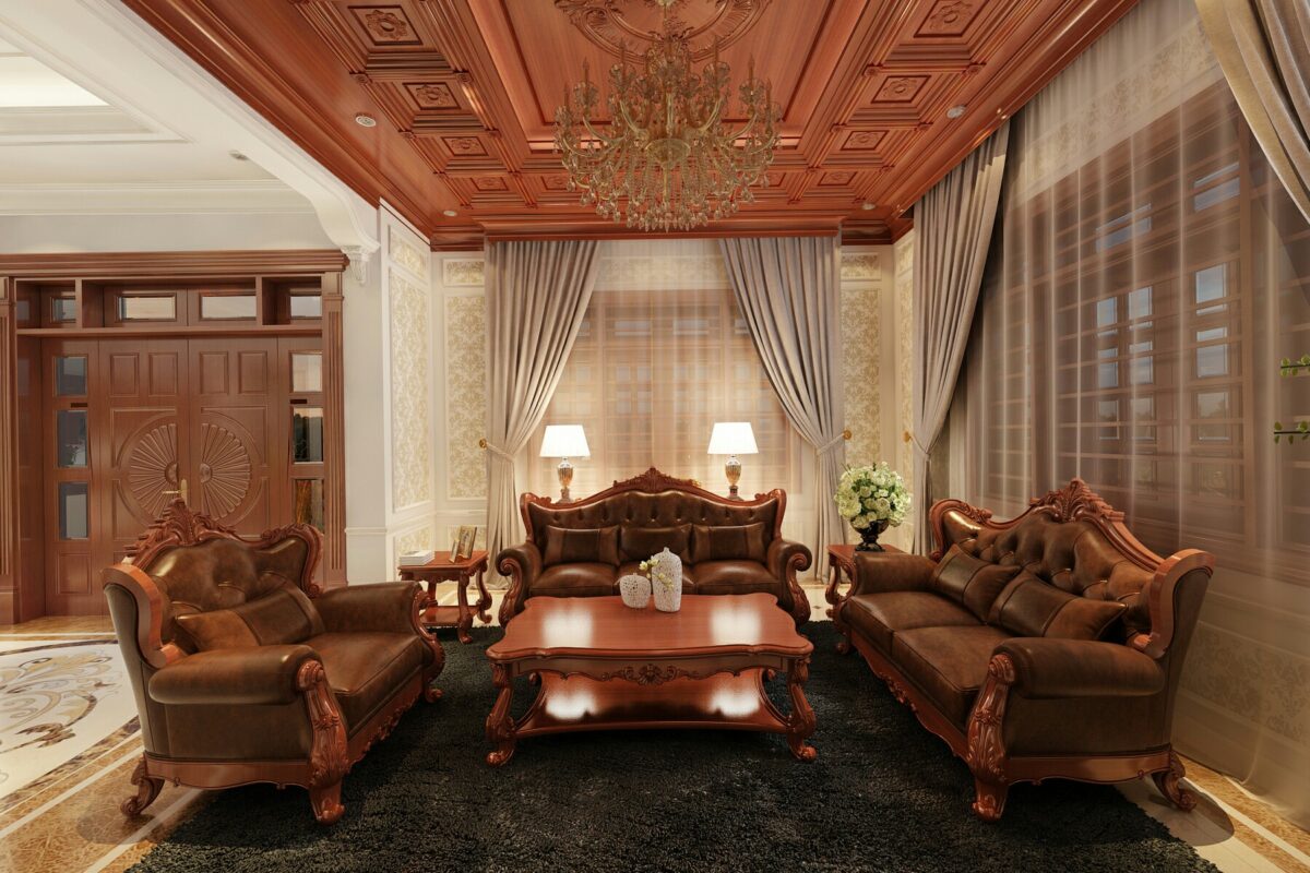 Thiết kế phòng khách biệt thự với chất liệu nội thất sang trọng bằng gỗ tự nhiên