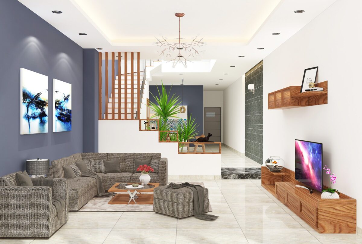 Phòng khách có cầu thang thiết kế đơn giản, tiện lợi và sử dụng tone màu sáng