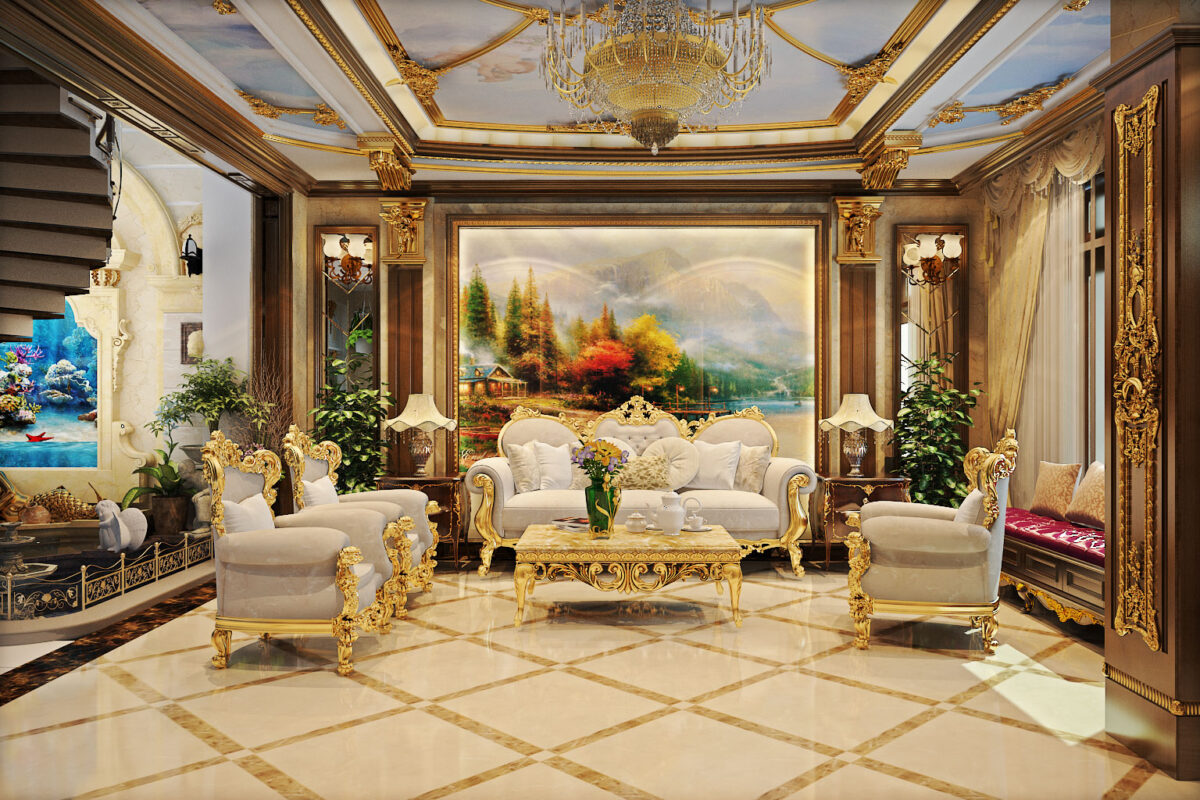 Thiết kế phòng khách tân cổ điển sang trọng với chất liệu nội thất cao cấp và thiết kế tinh xảo