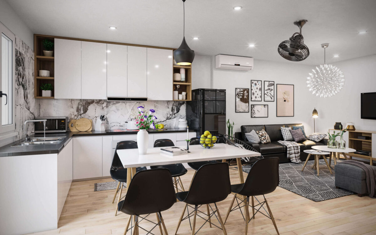 Thiết kế chung cư với phòng khách liền bếp hiện đại và tiện nghi