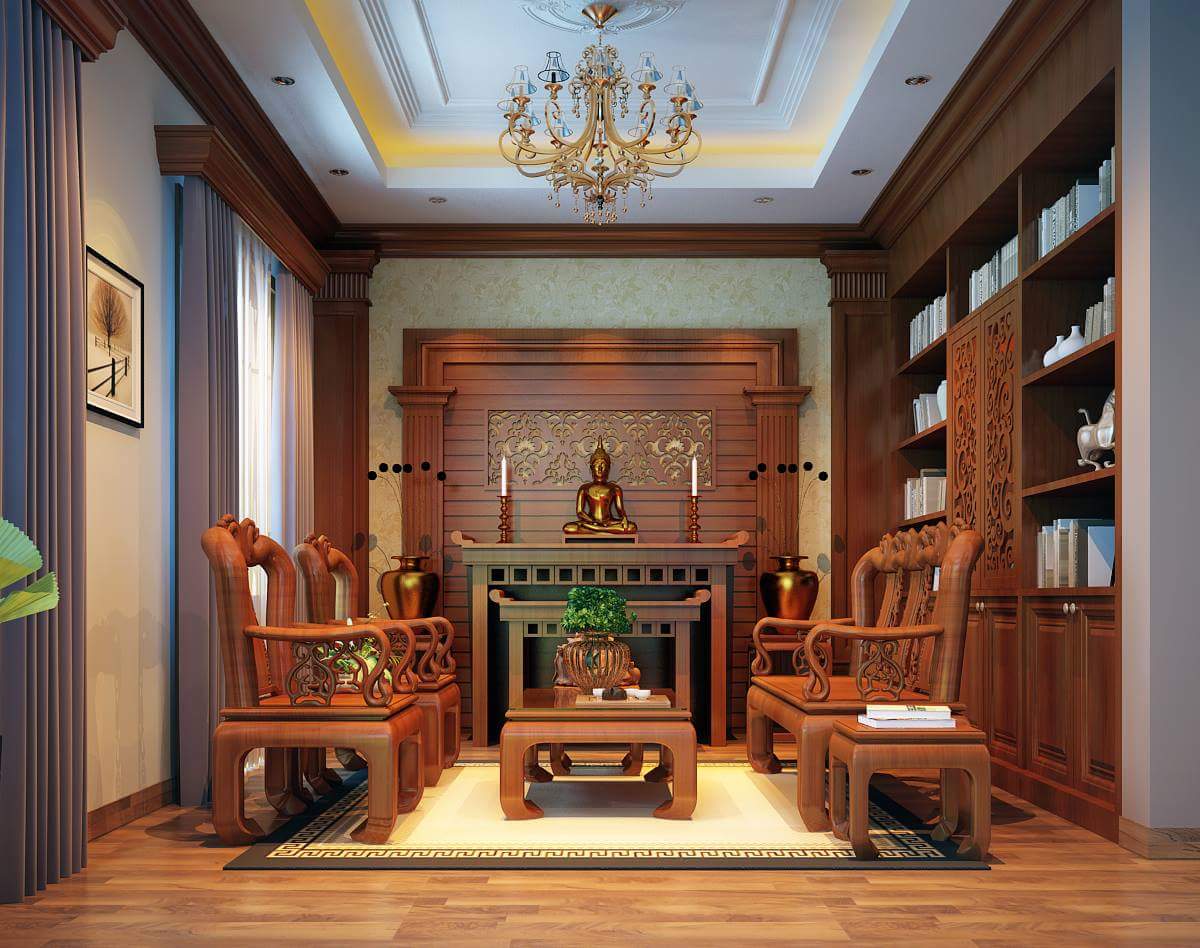 Thiết kế nội thất phòng khách cổ điển Việt Nam với chất liệu gỗ tự nhiên kết hợp với hoa văn truyền thống tinh tế, độc đáo