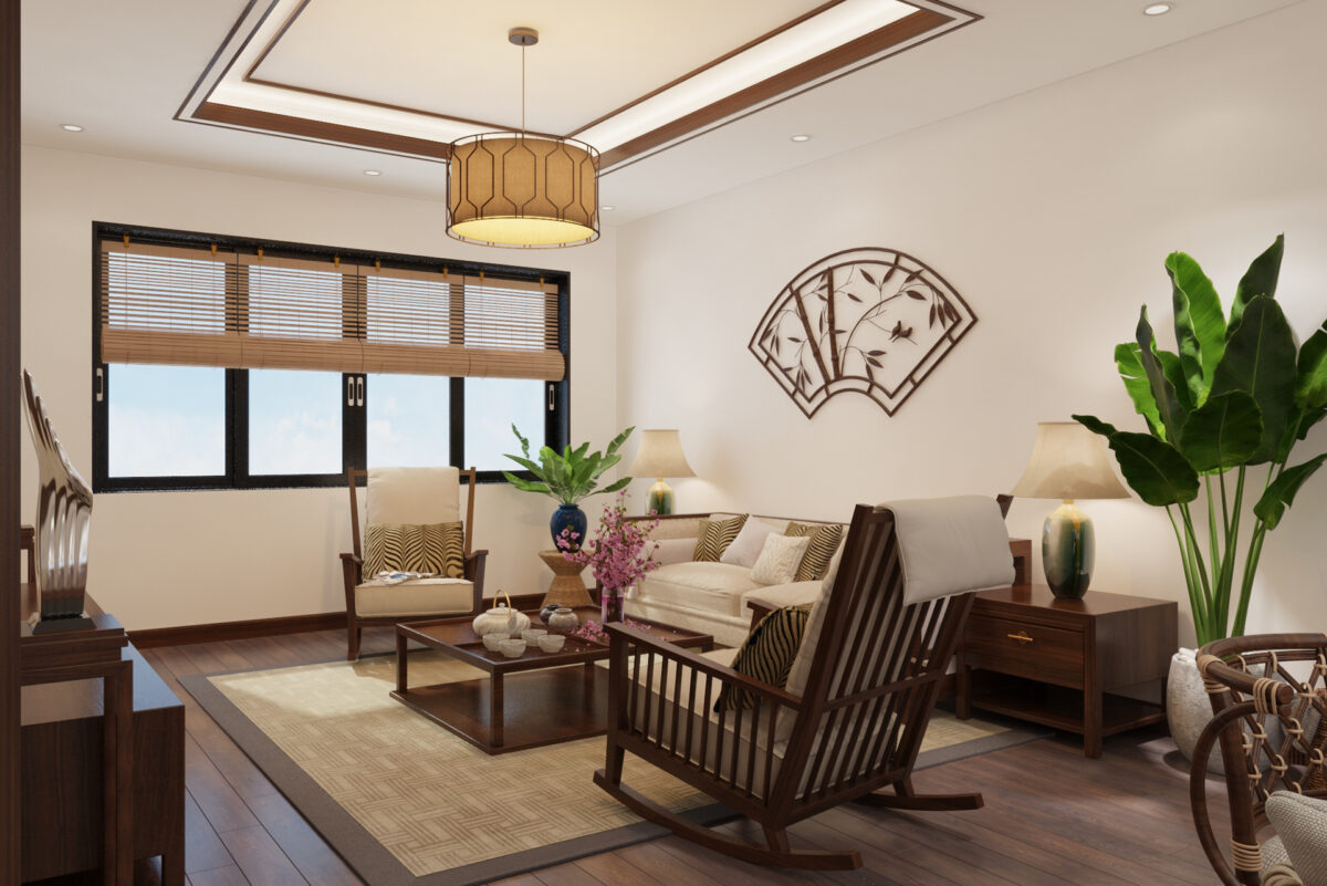 Thiết kế nội thất phòng khách nhà cấp 4 hiện đại kết hợp yếu tố cổ điển tự nhiên